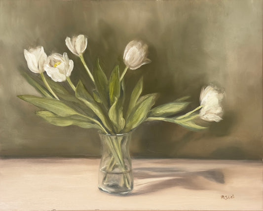 April White Tulips in Glass Vase